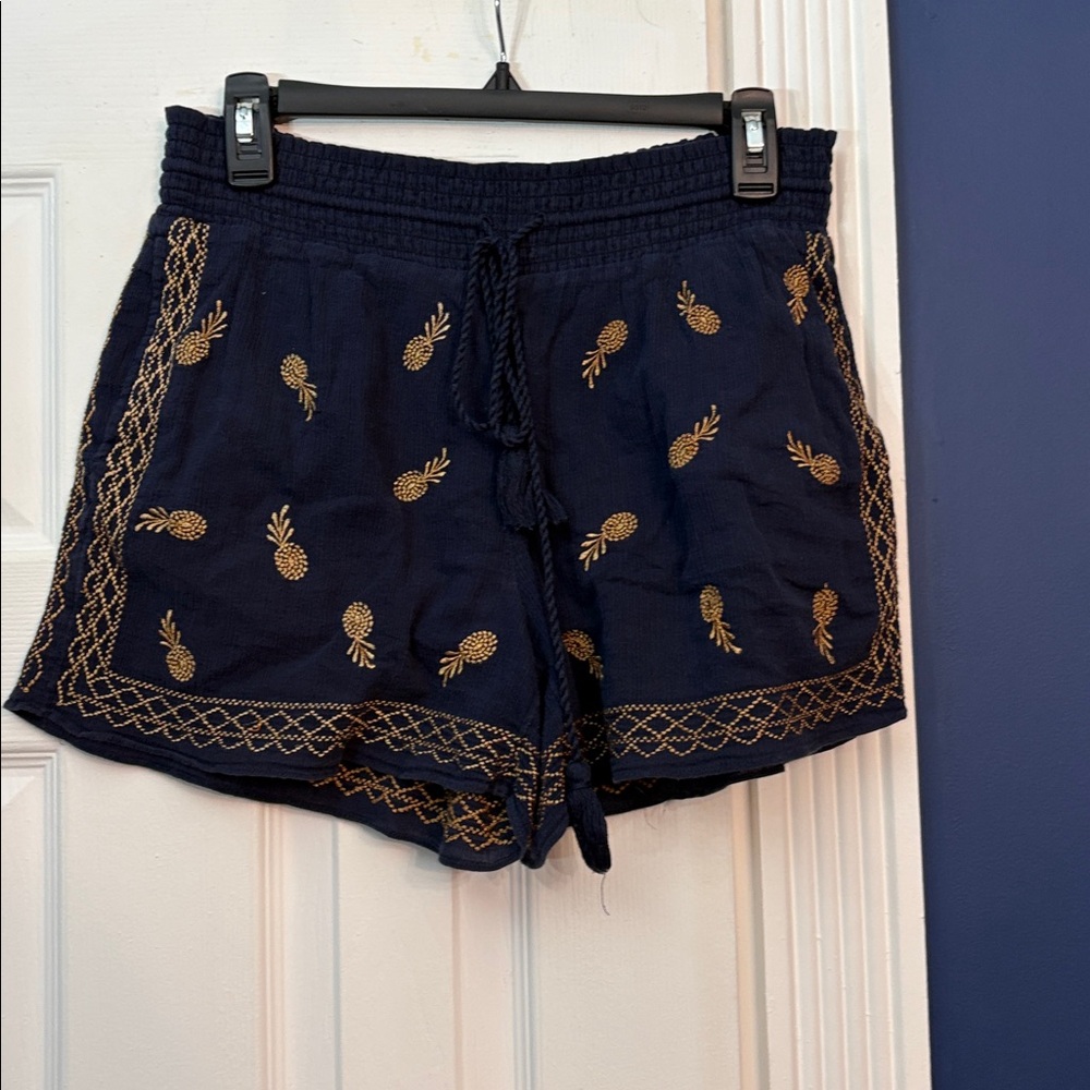 J. Crew Navy Blue Gold Pineapple Embroidered Shorts 100% Cotton Elastic Waist M - Picture 5 of 5